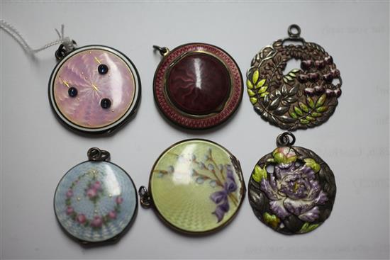 Three 20th century silver and guilloche enamel pendant lockets, a similar small compact and two Chinese silver & enamel pendants,